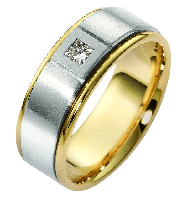 14K white and yellow gold diamond men's wedding ring featuring a princess cut diamond and satin finish.