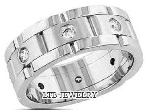 8mm diamond mens wedding band in solid white gold with satin and shiny finishes, featuring round brilliant cut diamonds.
