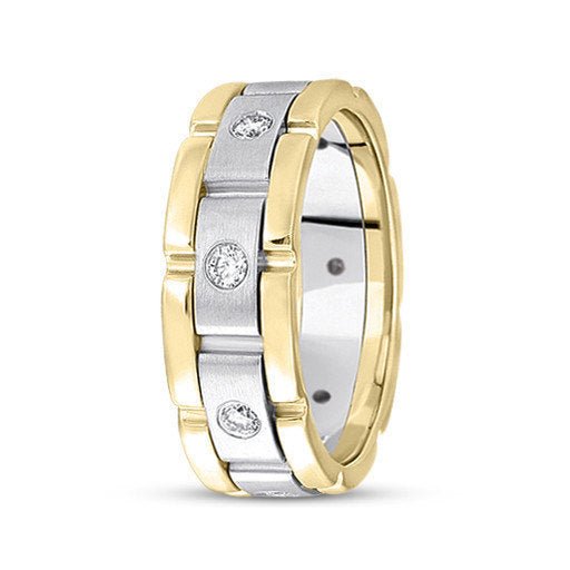 Two-tone gold diamond wedding ring for men with 8 round diamonds, comfort fitted and 7mm wide.