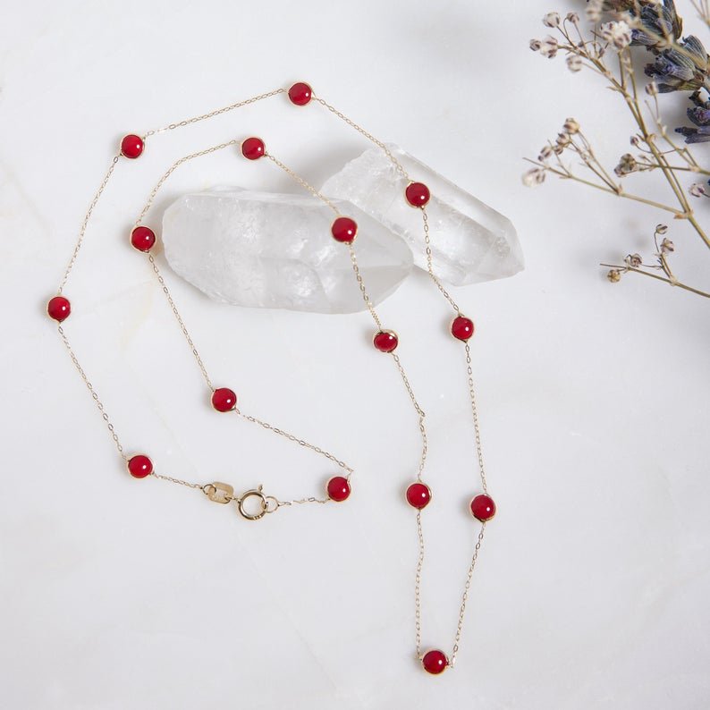 14K solid yellow gold beaded station ruby necklace with lab created rubies, perfect for everyday wear, minimalist design.