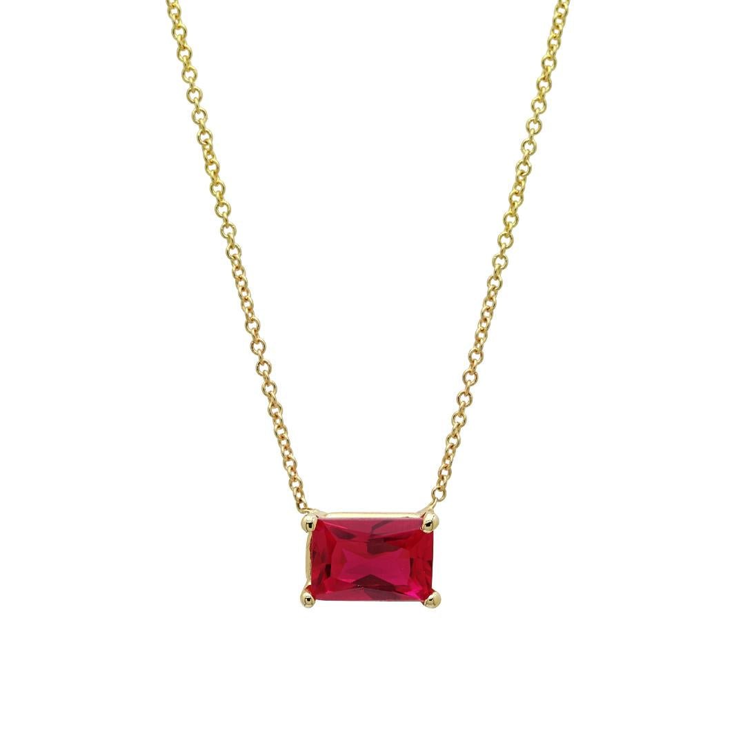 14K solid yellow gold emerald cut solitaire ruby necklace with 7x5mm lab-created ruby, perfect for everyday wear.