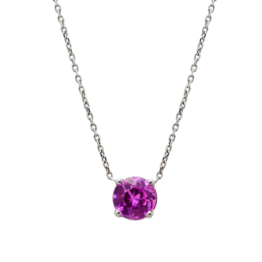 14K white gold necklace featuring a 6mm lab-created pink sapphire in a prong setting, ideal for everyday elegance.
