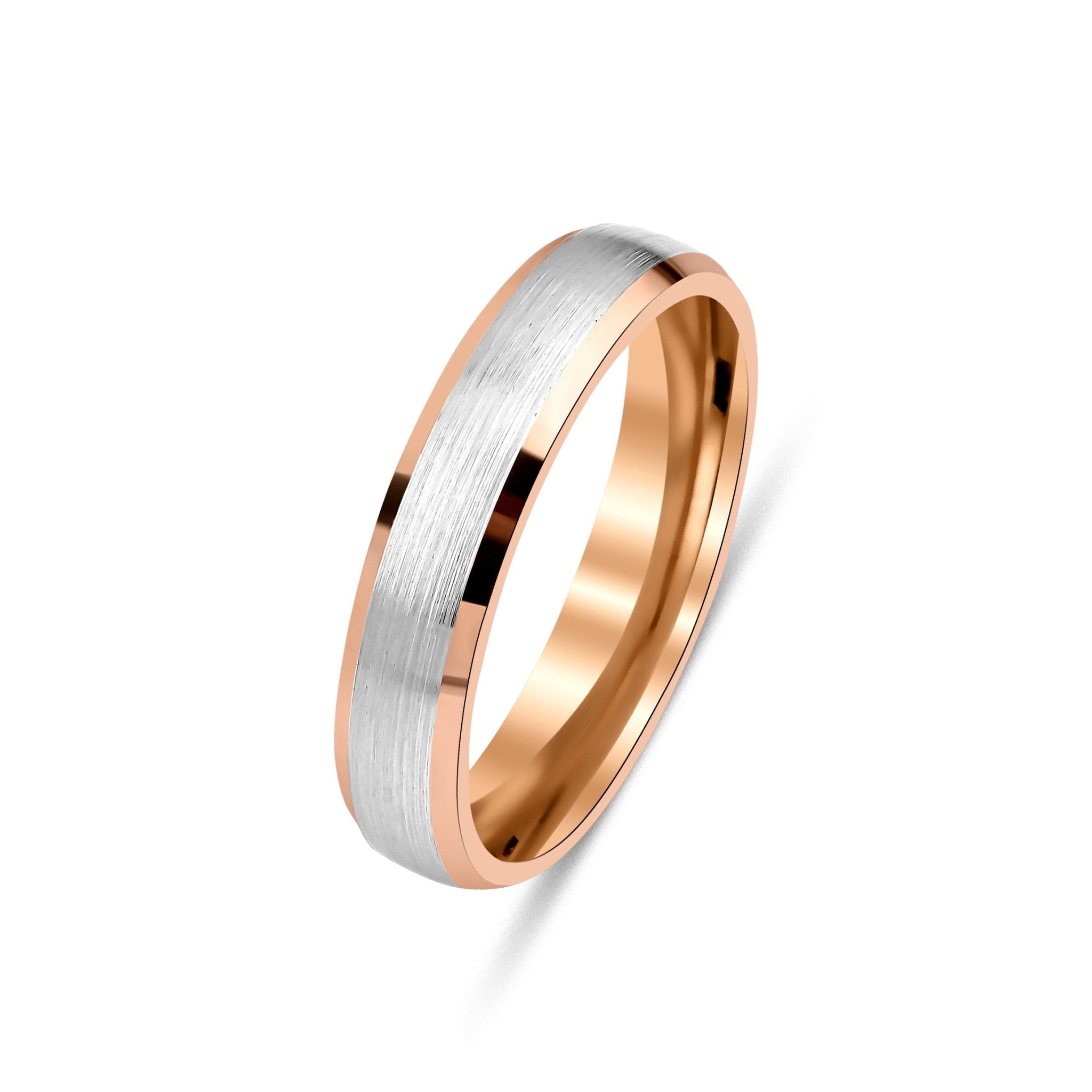 Two tone gold men's and women's wedding band featuring a satin finished center and shiny beveled edges.