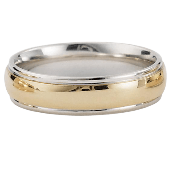 Two tone gold men's wedding band featuring a shiny yellow gold center and white gold edges, comfort fitted design.