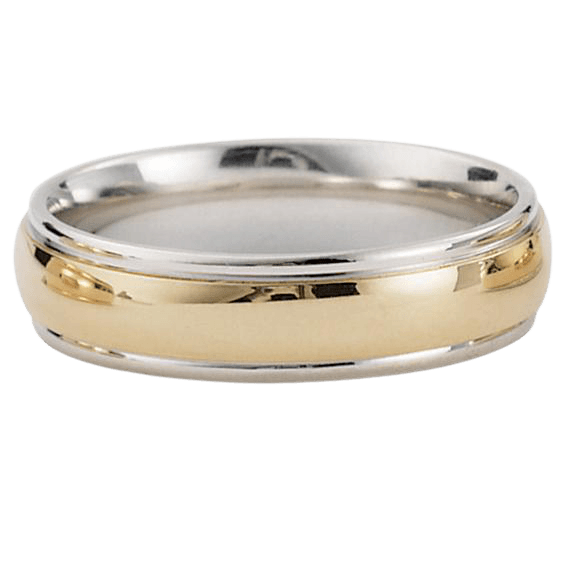 Two tone gold wedding band in 10K, 14K, 18K with shiny yellow gold center and white gold edges, 6mm wide.