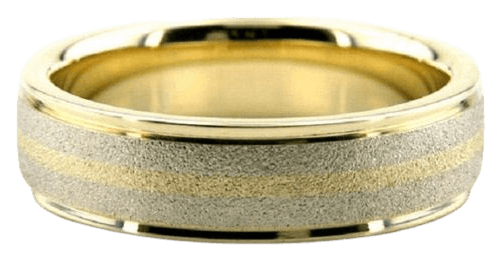 6mm solid two-tone gold wedding band with stone finish center and shiny edges, available in 10K 14K 18K.