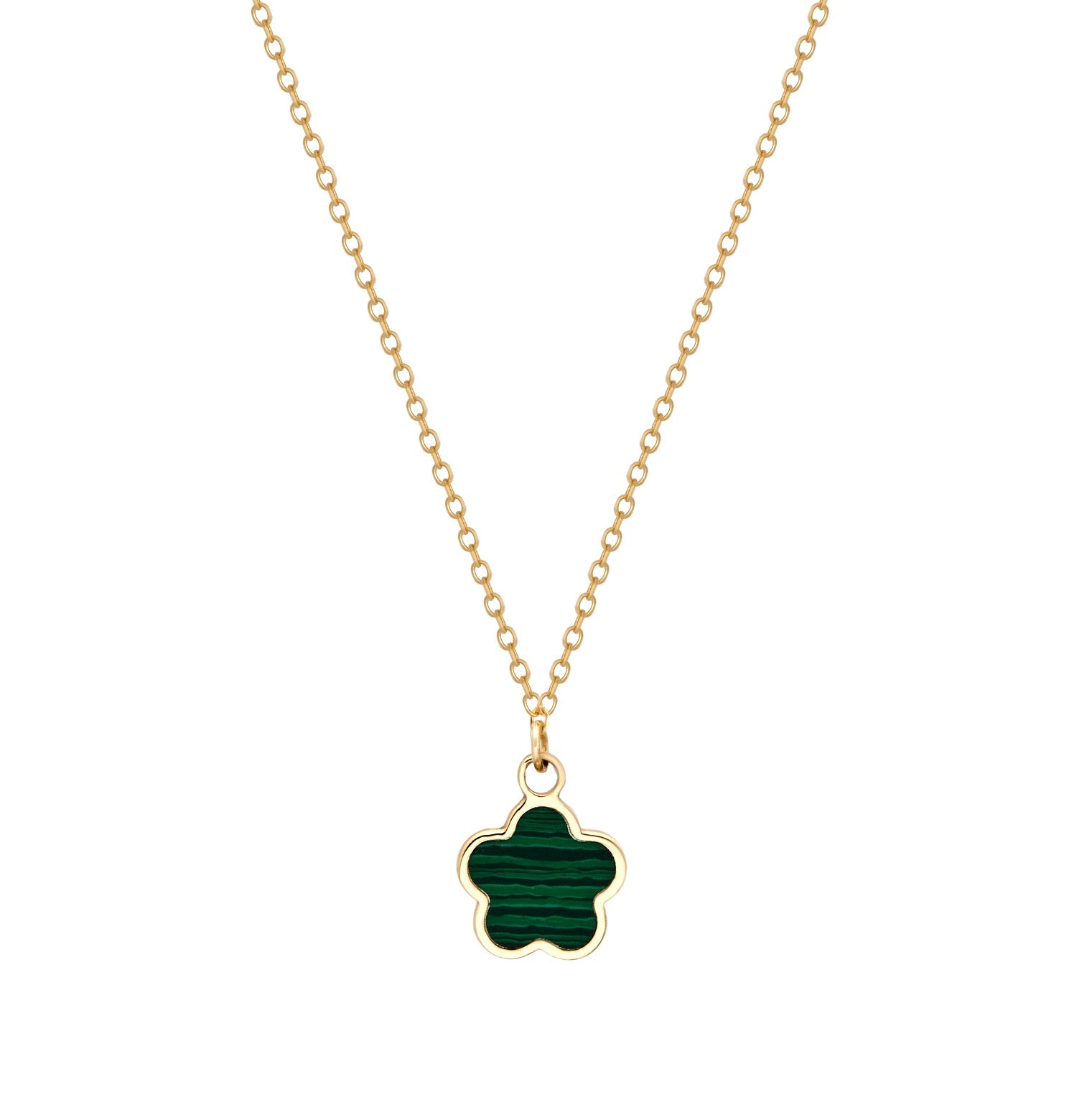 14K Solid Yellow Gold Minimalist Malachite Daisy Flower Necklace