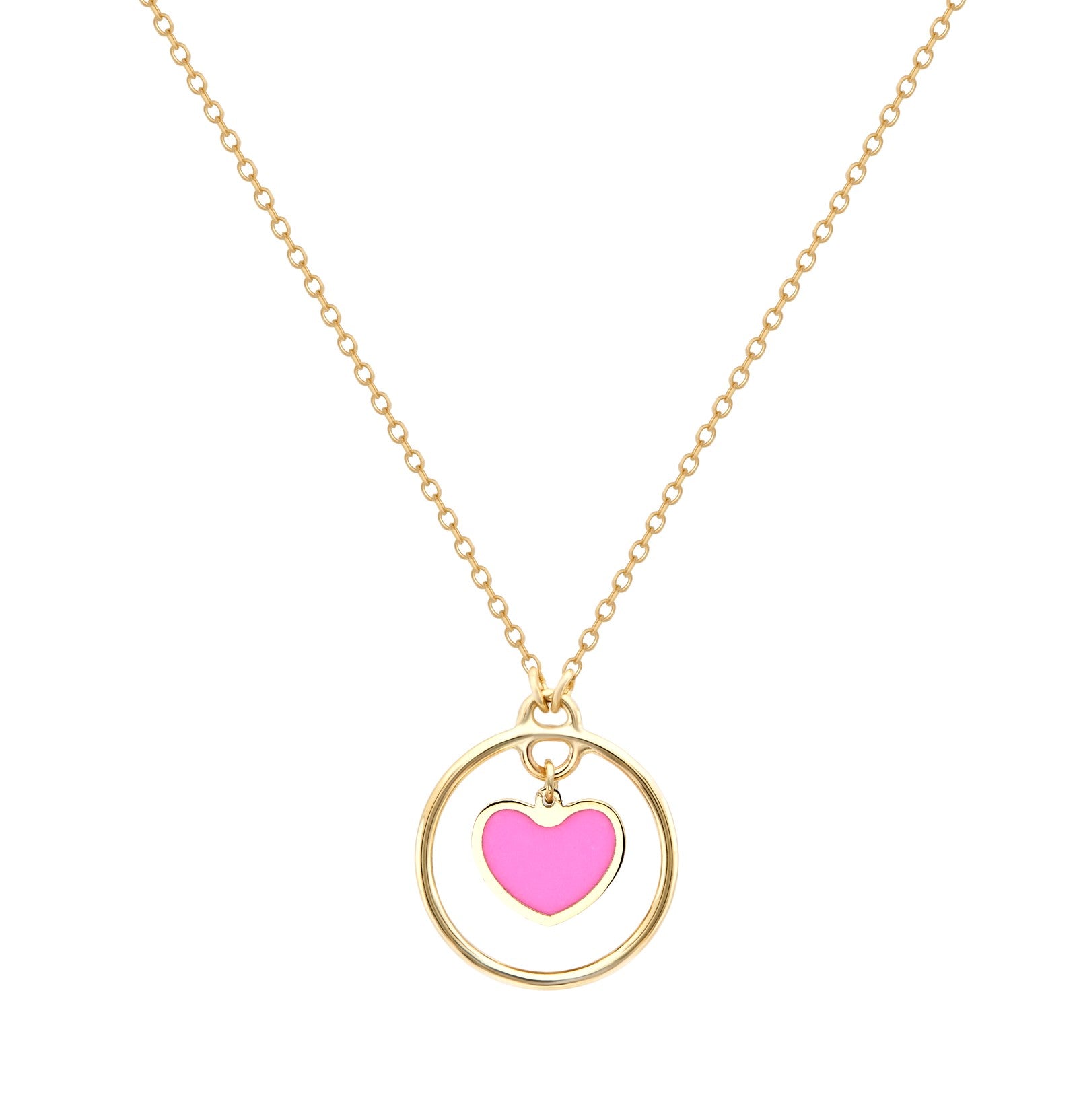 14K Solid Yellow Gold Minimalist Pink Heart Necklace