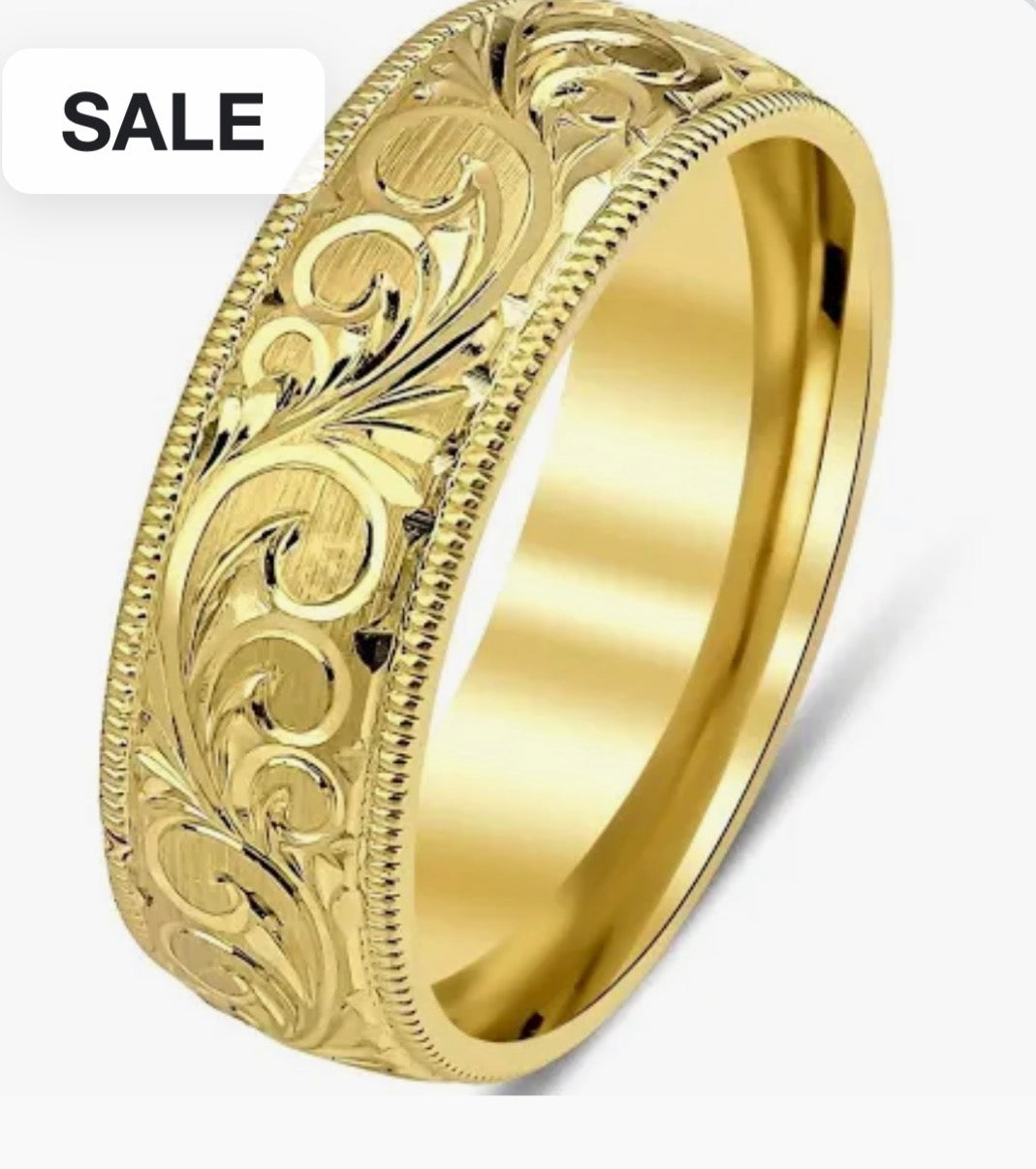 14K Yellow Gold Hand Engraved Mens Wedding Bands
