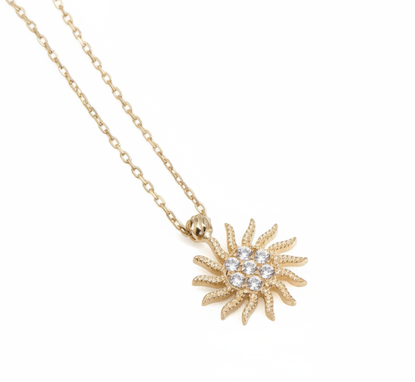 14K Solid Yellow Gold Sun Necklace