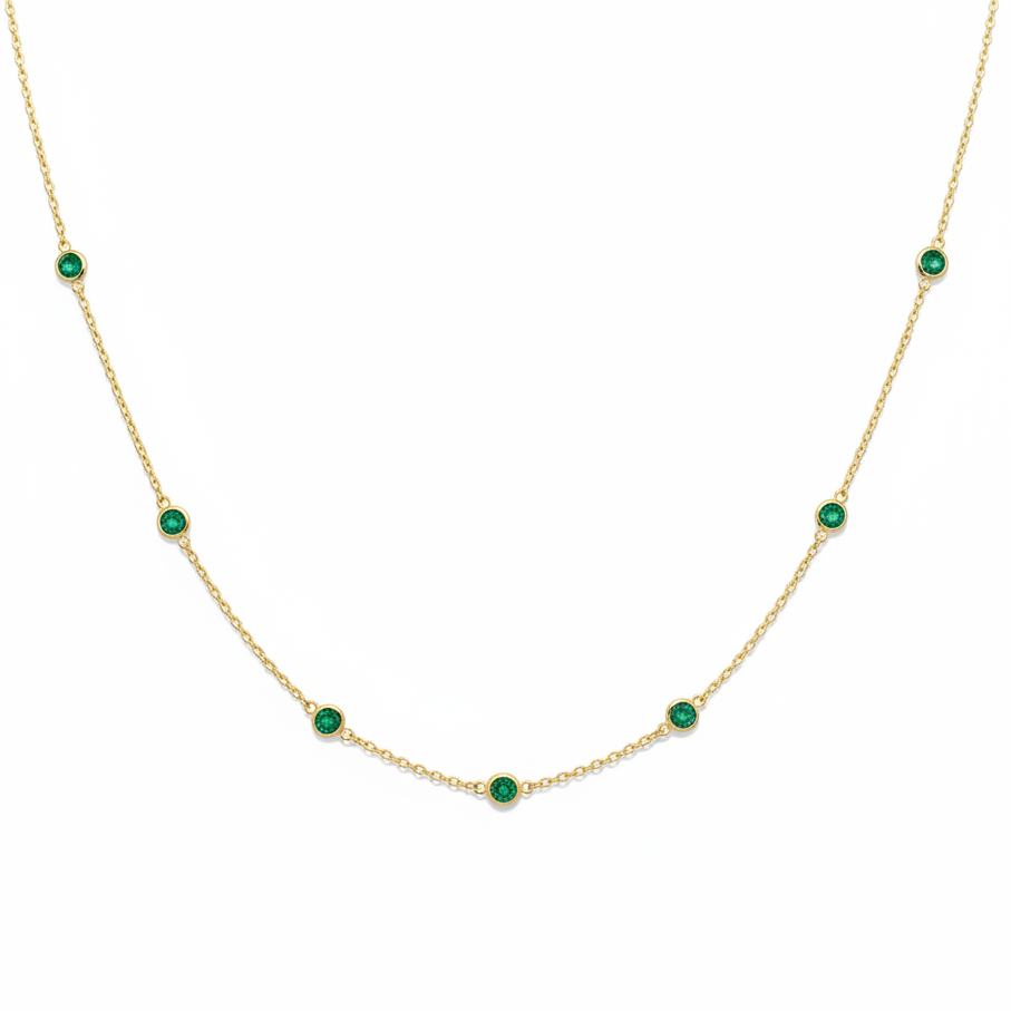 14K Gold Emerald Station Necklace, Diamond by the Yard Necklace