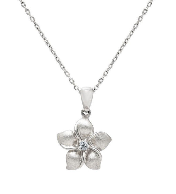 14K Solid White Gold Diamond Flower Necklace