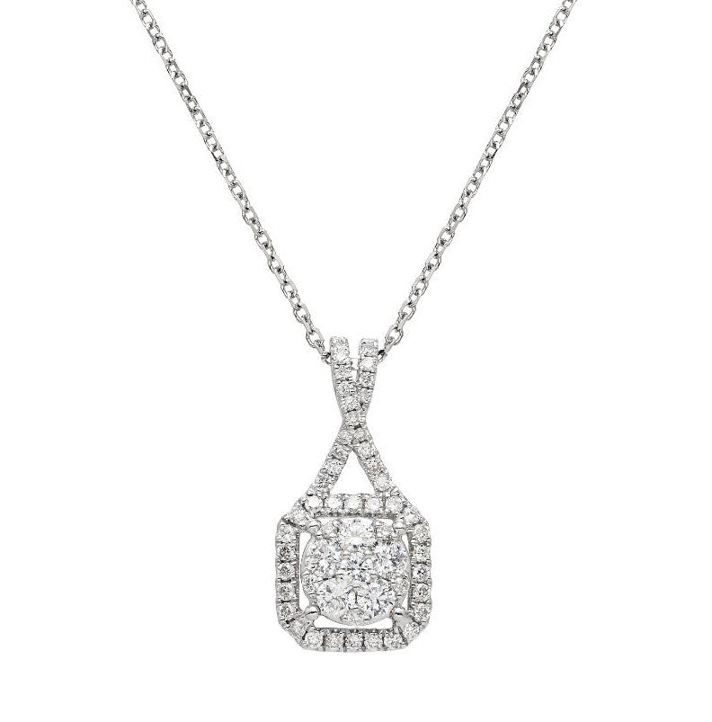 14K Solid White Gold Diamond Halo Necklace