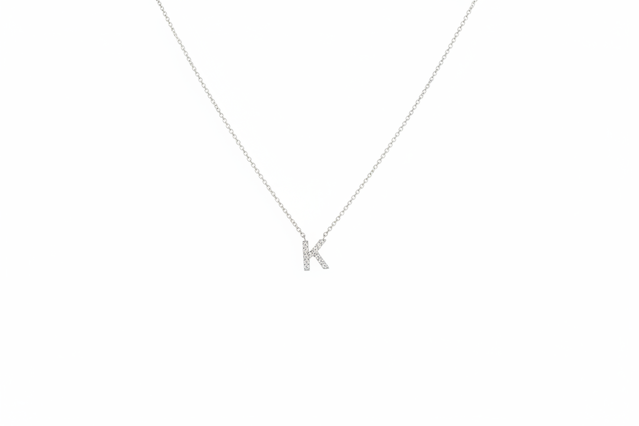 Collier initial en diamant en or blanc 14 carats, collier lettre K