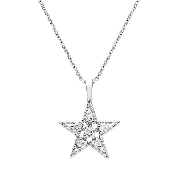 14K Solid White Gold Diamond Star Necklace