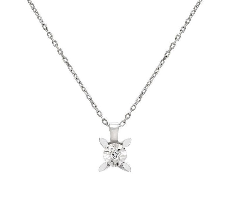 14K solid white gold minimalist diamond solitaire necklace with small sparkling diamond pendant.