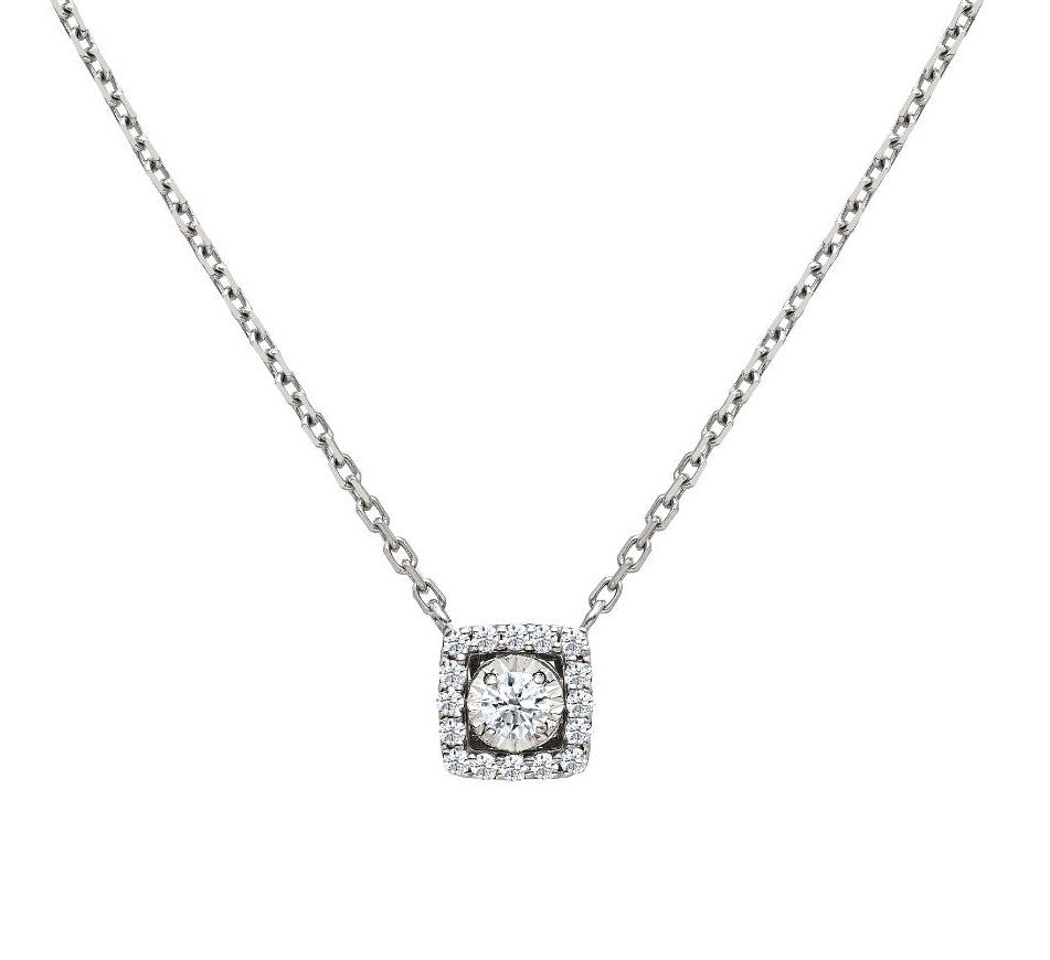 14K white gold natural diamond solitaire necklace with 0.18 carat diamond, 16 inches long, sparkling G color SI clarity.
