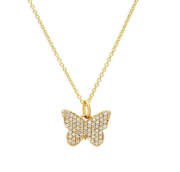 14K Solid Yellow Gold 0.35 Carat Diamond Butterfly Necklace