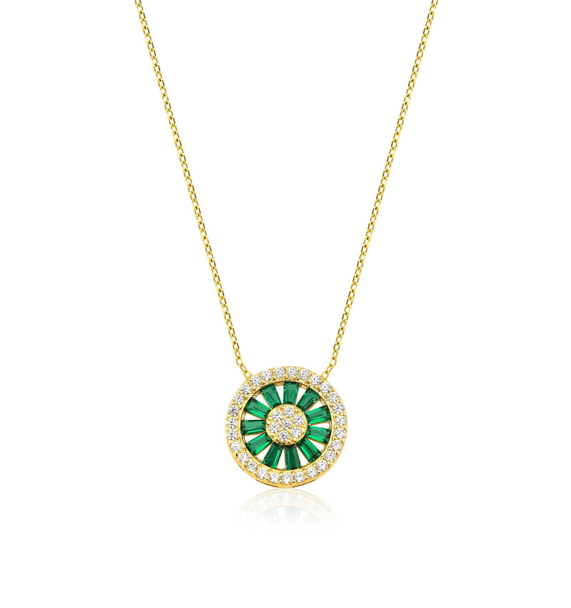 14K Solid Yellow Gold Baguette Emerald Necklace