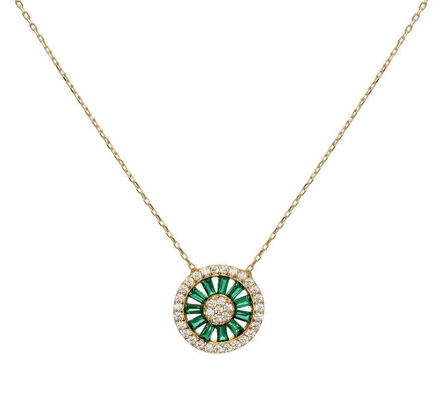 14K solid yellow gold necklace featuring baguette emeralds and CZ stones, perfect for everyday wear and elegant gifting.