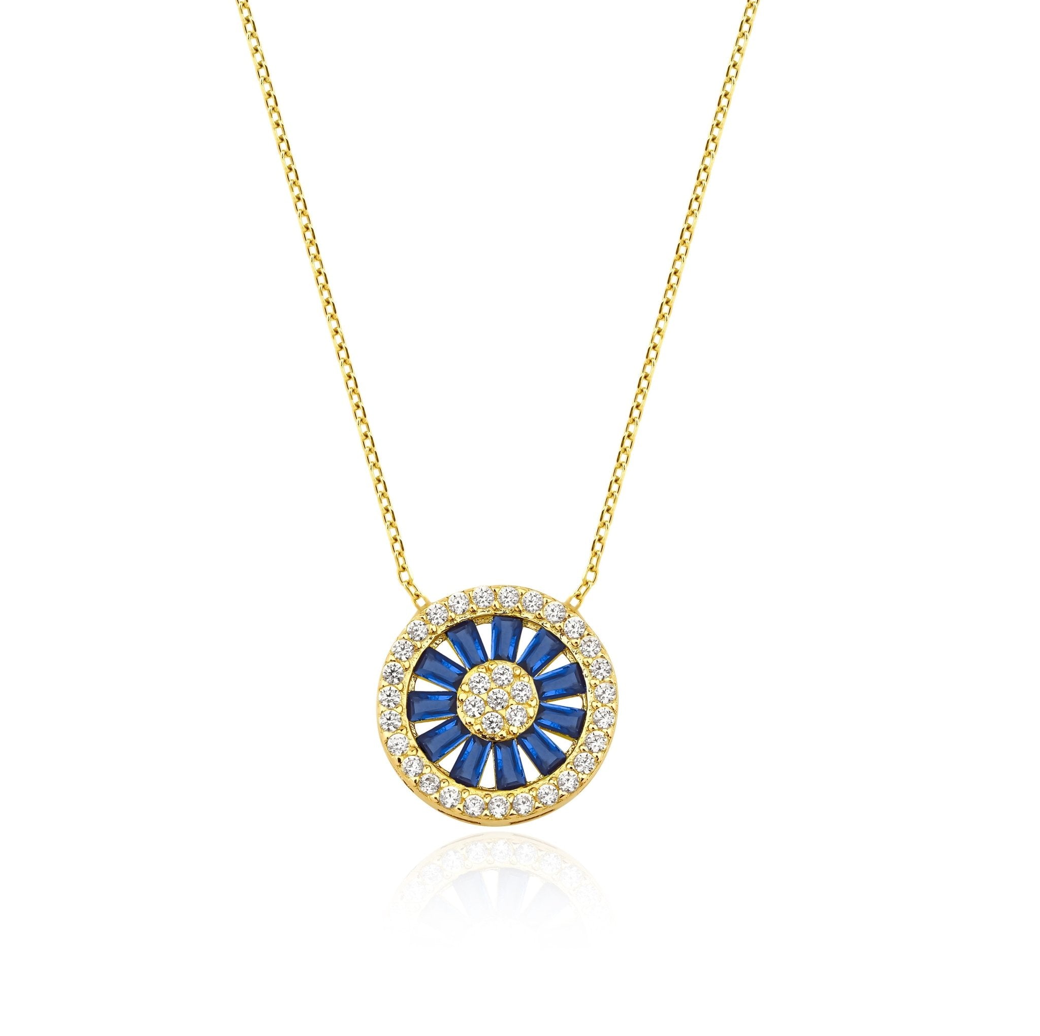 14K solid yellow gold necklace featuring baguette sapphires and cubic zirconia in a stunning circular pendant design.