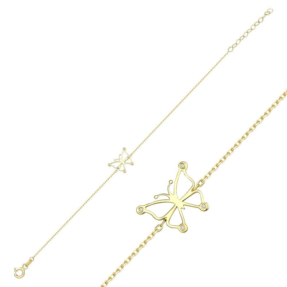 14K solid yellow gold dainty thin butterfly bracelet featuring four diamonds and adjustable length from 6 to 7 inches.