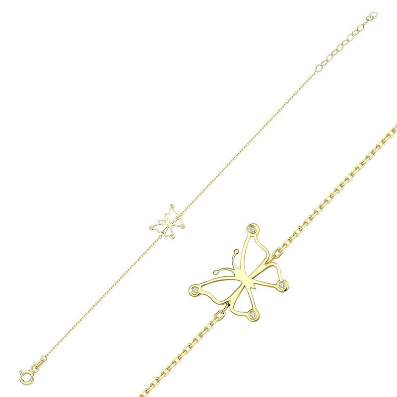 14K Solid Yellow Gold Diamond Butterfly Bracelet