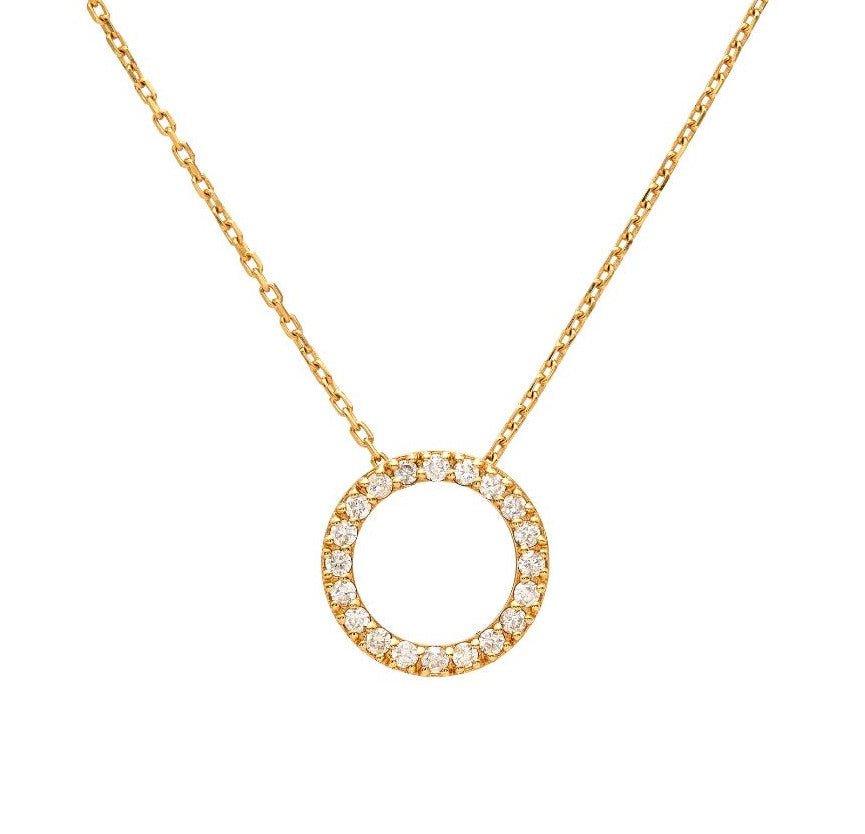 14K solid yellow gold diamond circle necklace with 20 sparkling diamonds weighing 0.35 carat on a 16-inch chain.