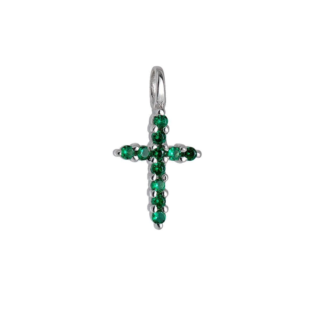 14K solid gold cross pendant adorned with emeralds, perfect for everyday wear and minimalist jewelry styles.