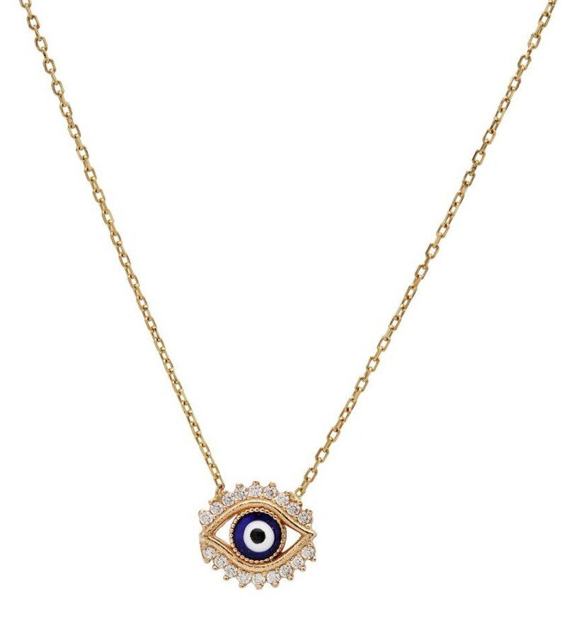 14K solid yellow gold evil eye necklace with CZ accents, 16 inches, stylish and minimal design.