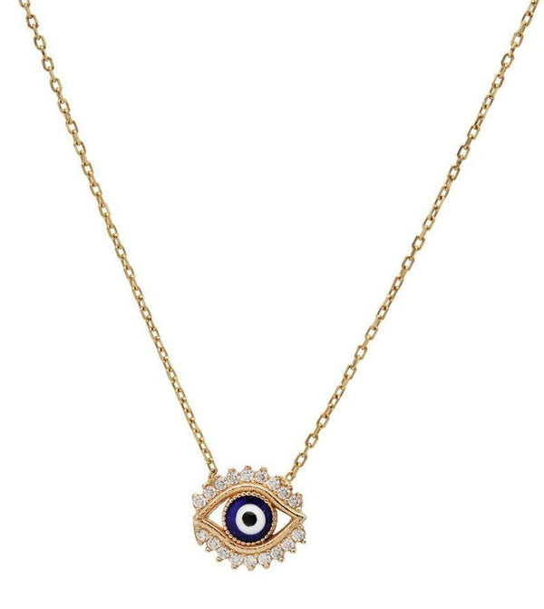 14K Solid Yellow Gold Eye Shape Evil Eye Necklace