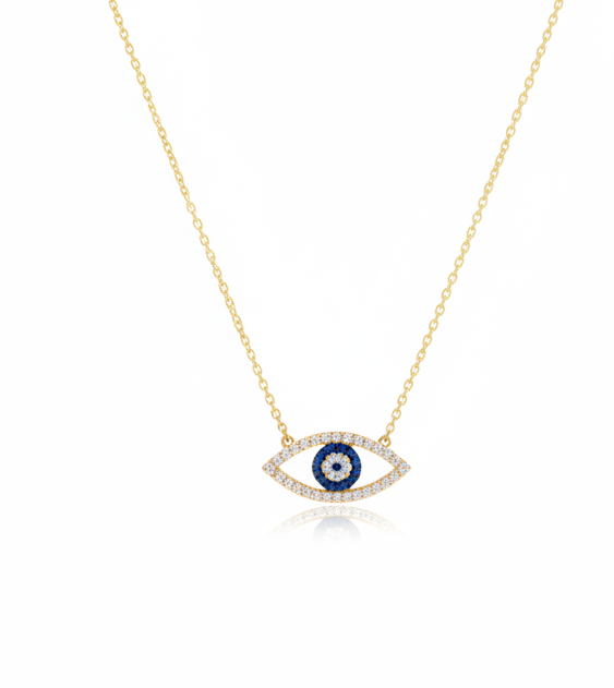 14K Solid Yellow Gold Eye Shape Evil Eye Necklace