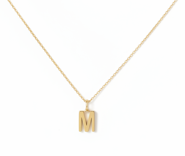 Collier initial en or jaune massif 14K, collier lettre M