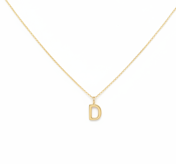 Collier initial en or jaune massif 14K, collier lettre D