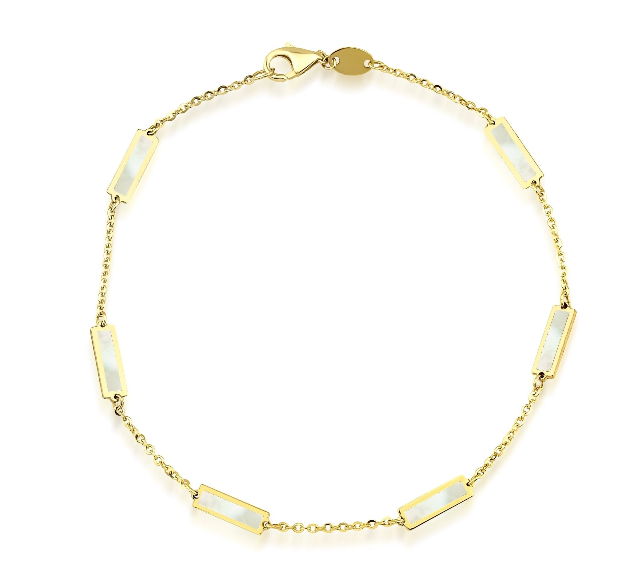 14K solid yellow gold mother of pearl bar bracelet, 7 inches long, featuring elegant bar design with lobster claw clasp.