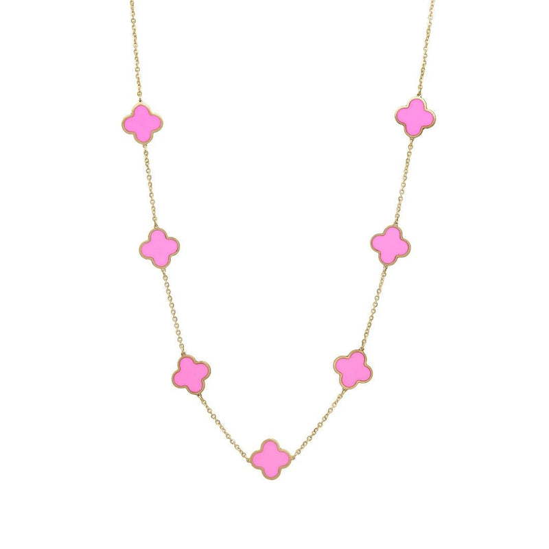 14K Solid Yellow Gold Pink Clover Necklace