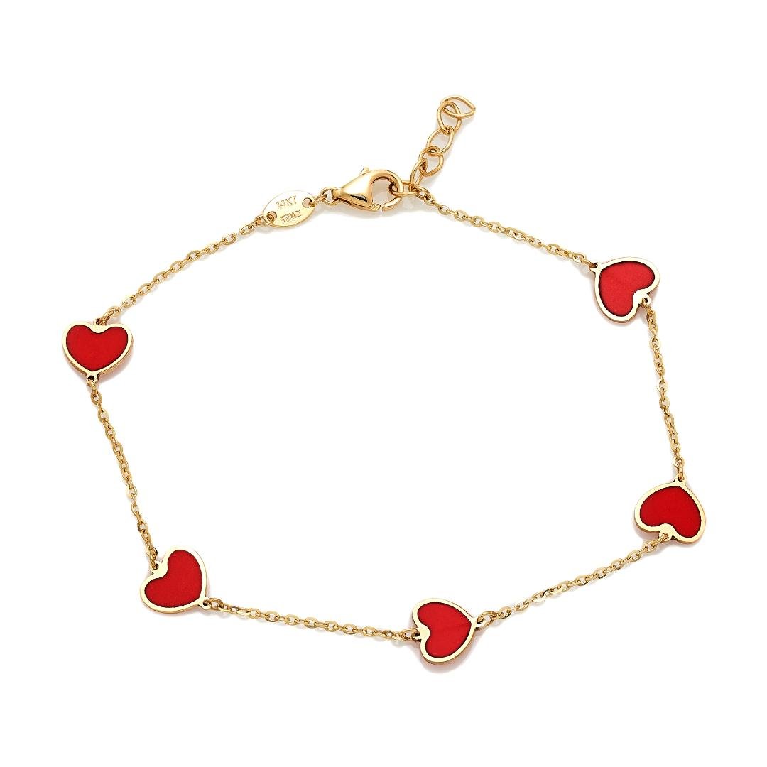 14K solid yellow gold bracelet with red coral heart stations, elegant and stunning, perfect gift in a box.