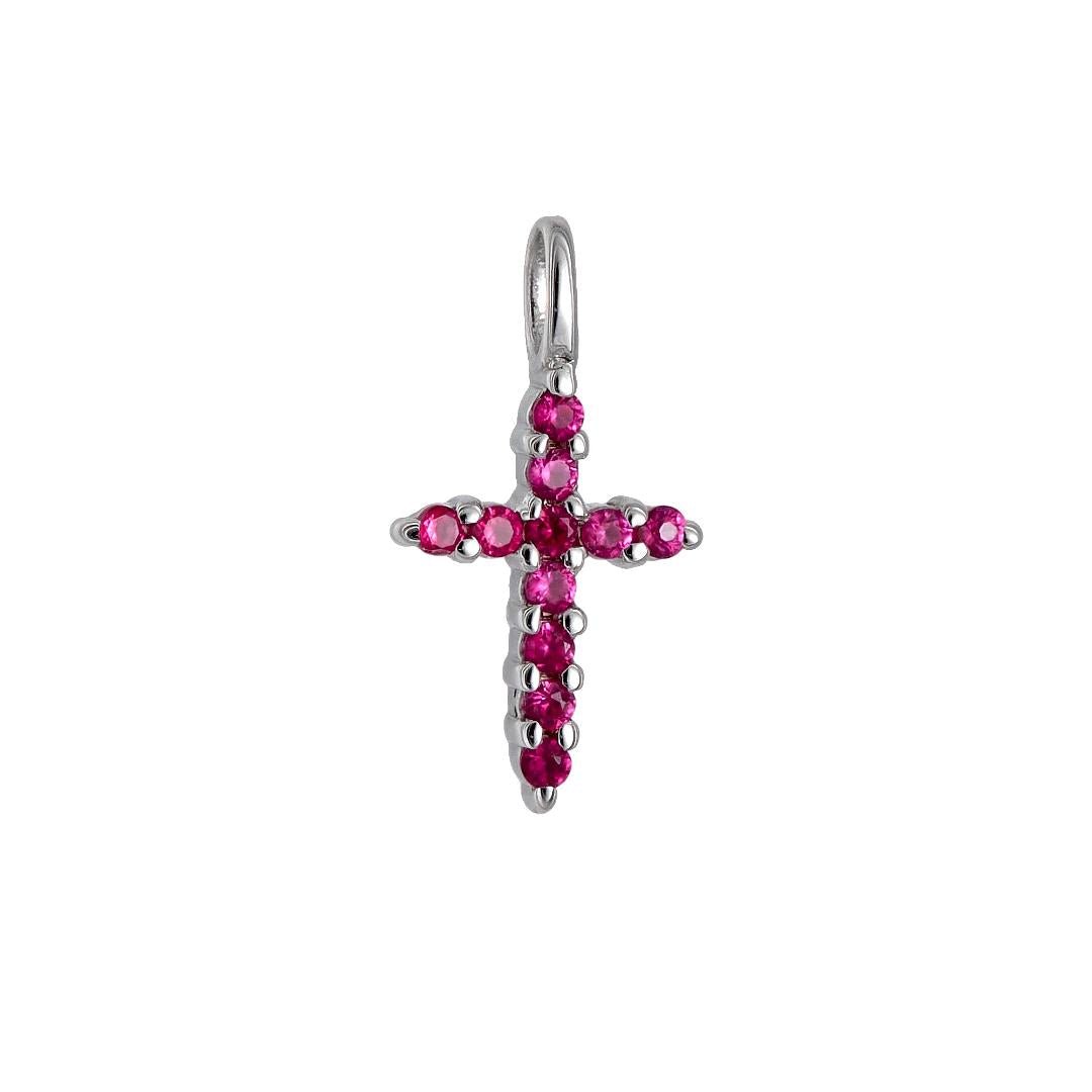 14K solid white gold cross pendant with lab-grown ruby stones, dainty and minimalist design ideal for everyday wear.
