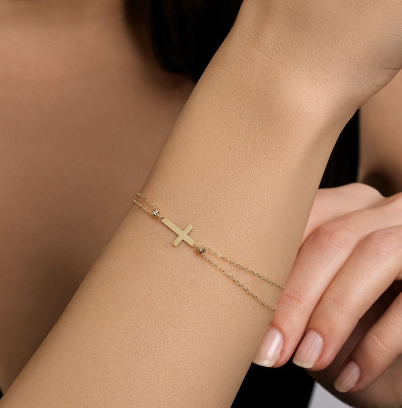 14K Solid Yellow Gold Small Cross Bracelet