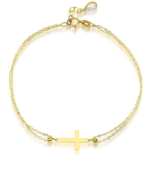 14K Solid Yellow Gold Small Cross Bracelet