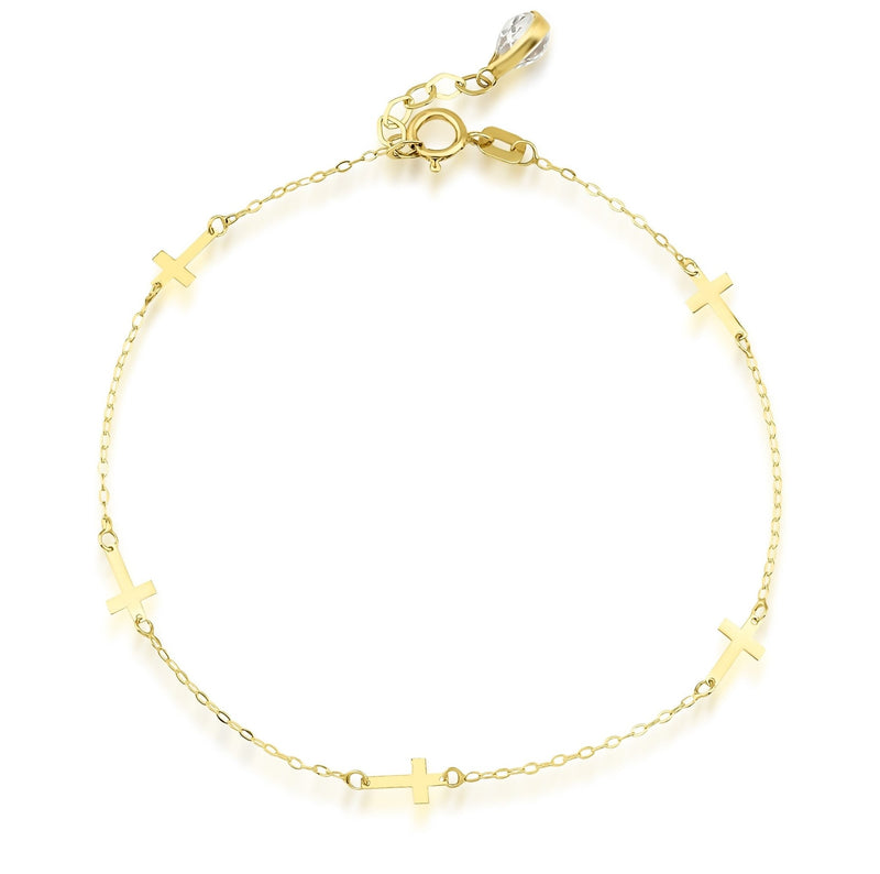 14K Solid Yellow Gold Small Cross Station Bracelet