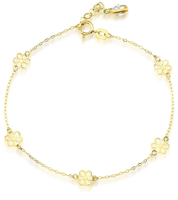 14K Solid Yellow Gold Small Daisy Flower Station Bracelet