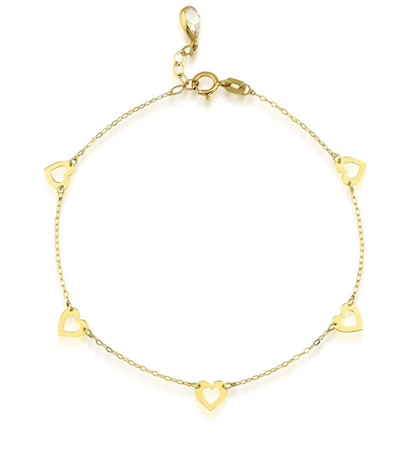 14K Solid Yellow Gold Small Heart Station Bracelet