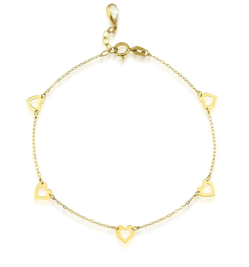 14K Solid Yellow Gold Small Heart Station Bracelet