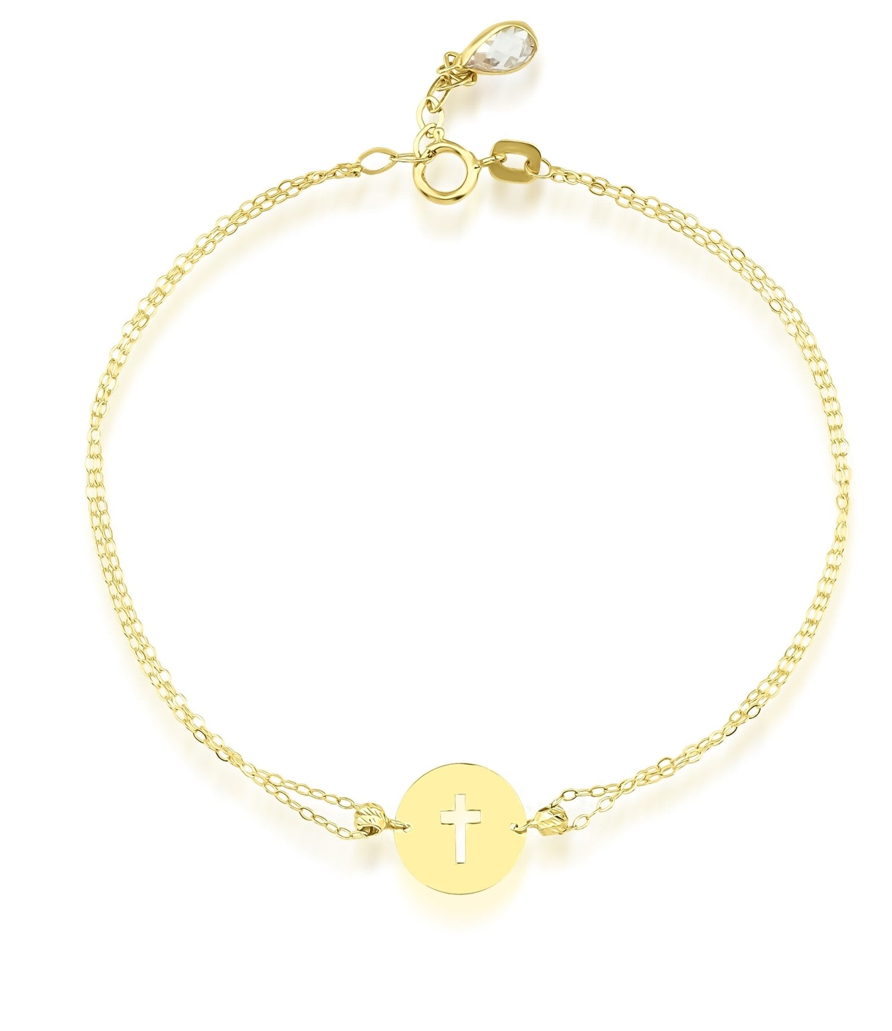 14K solid yellow gold small round disk cross bracelet with delicate chain design, perfect for everyday wear.