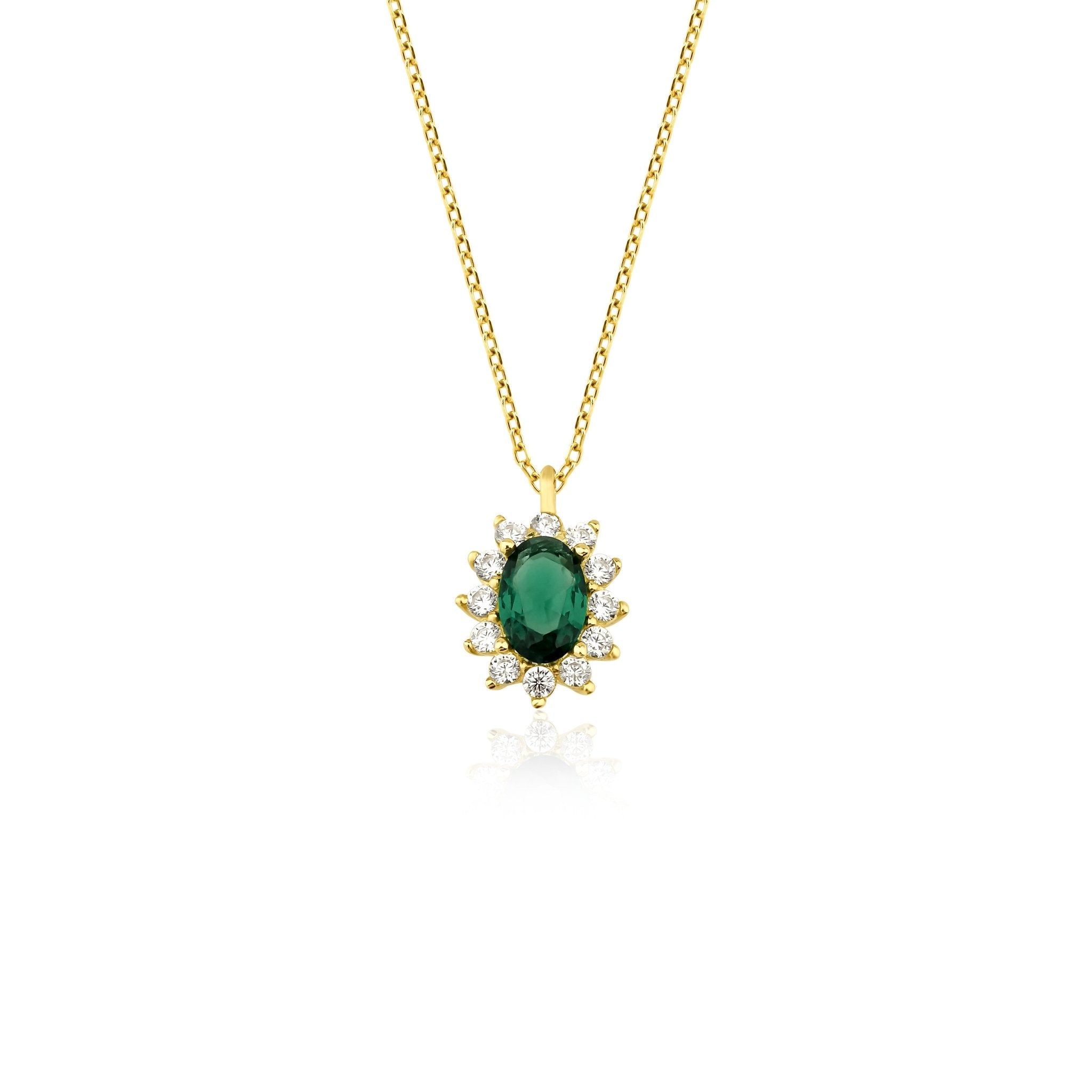 14K solid yellow gold necklace featuring an oval emerald pendant surrounded by cz stones, perfect for everyday wear.