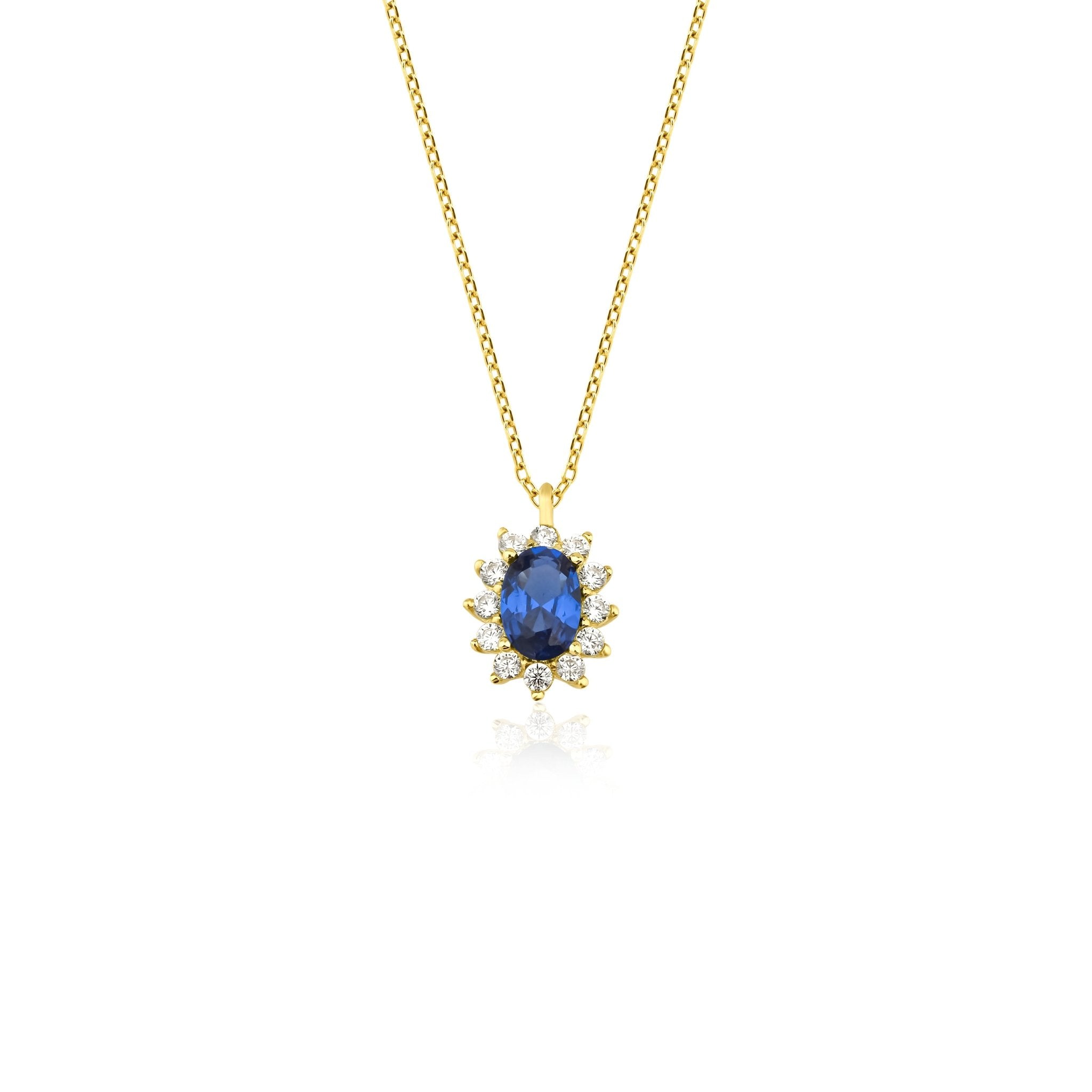 14K solid yellow gold necklace featuring an oval sapphire pendant adorned with sparkling cubic zirconia stones.