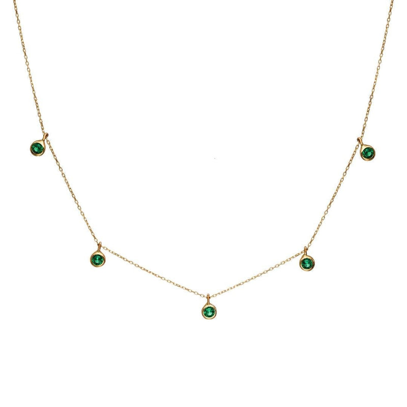 14K Solid Yellow Gold Station Emerald Necklace