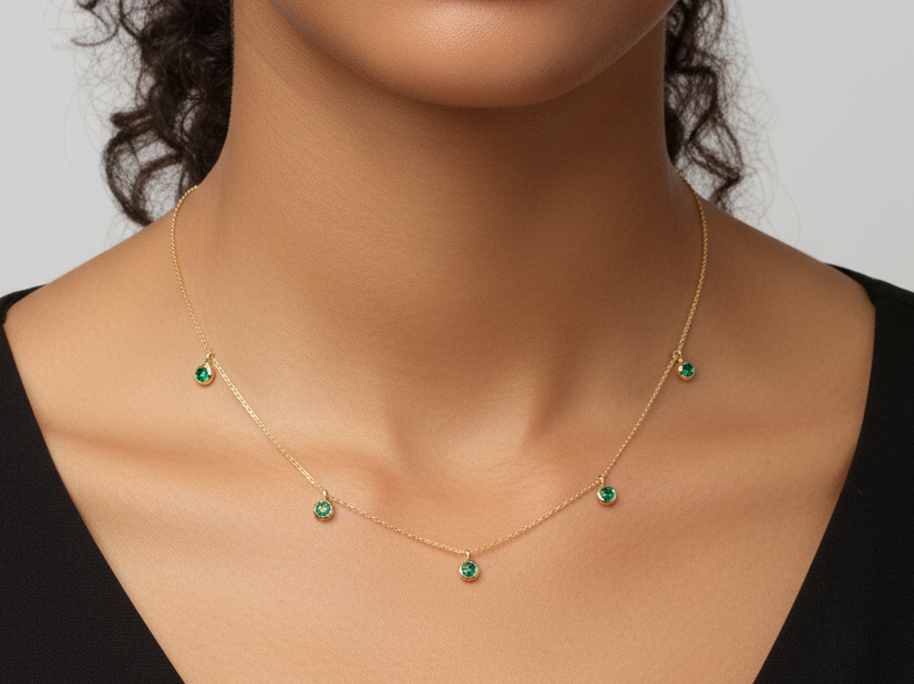 Collar de esmeralda de estación de oro amarillo macizo de 14 quilates