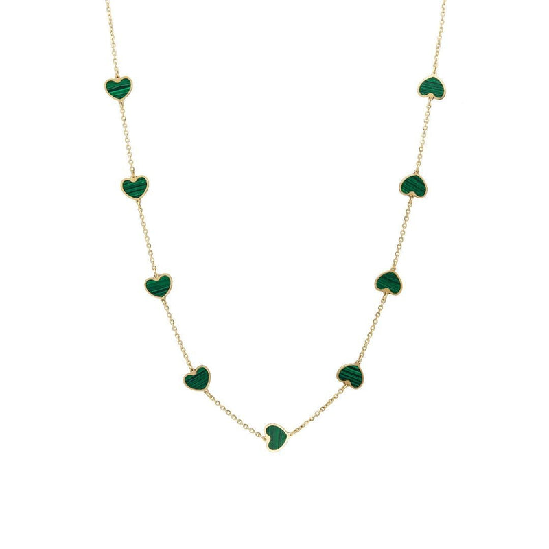 14K Solid Yellow Gold Station Malachite Heart Necklace